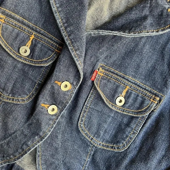 Y2K Levi's Jacket Juniors X-Large Blue Jean Denim Cropped Button Front Blazer - Picture 2 of 8